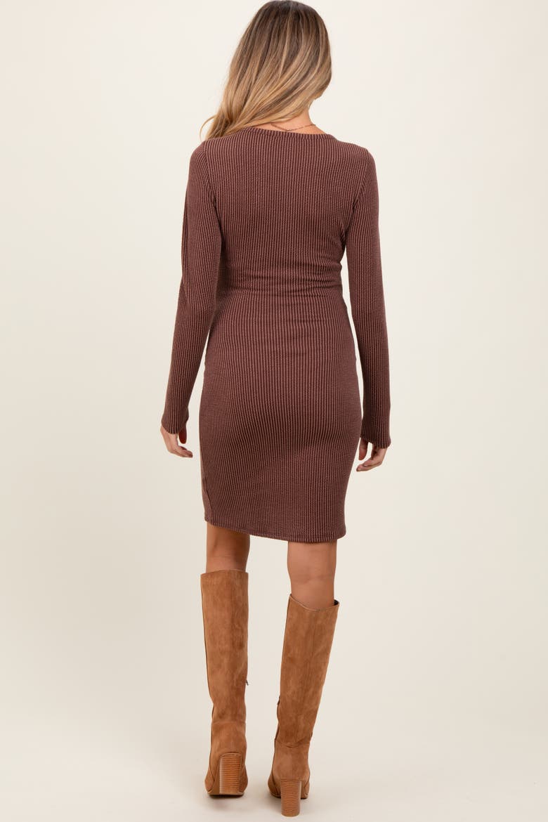 Ribbed Long Sleeve Half Button Up Fitted Dress, Alternate, color, Brown