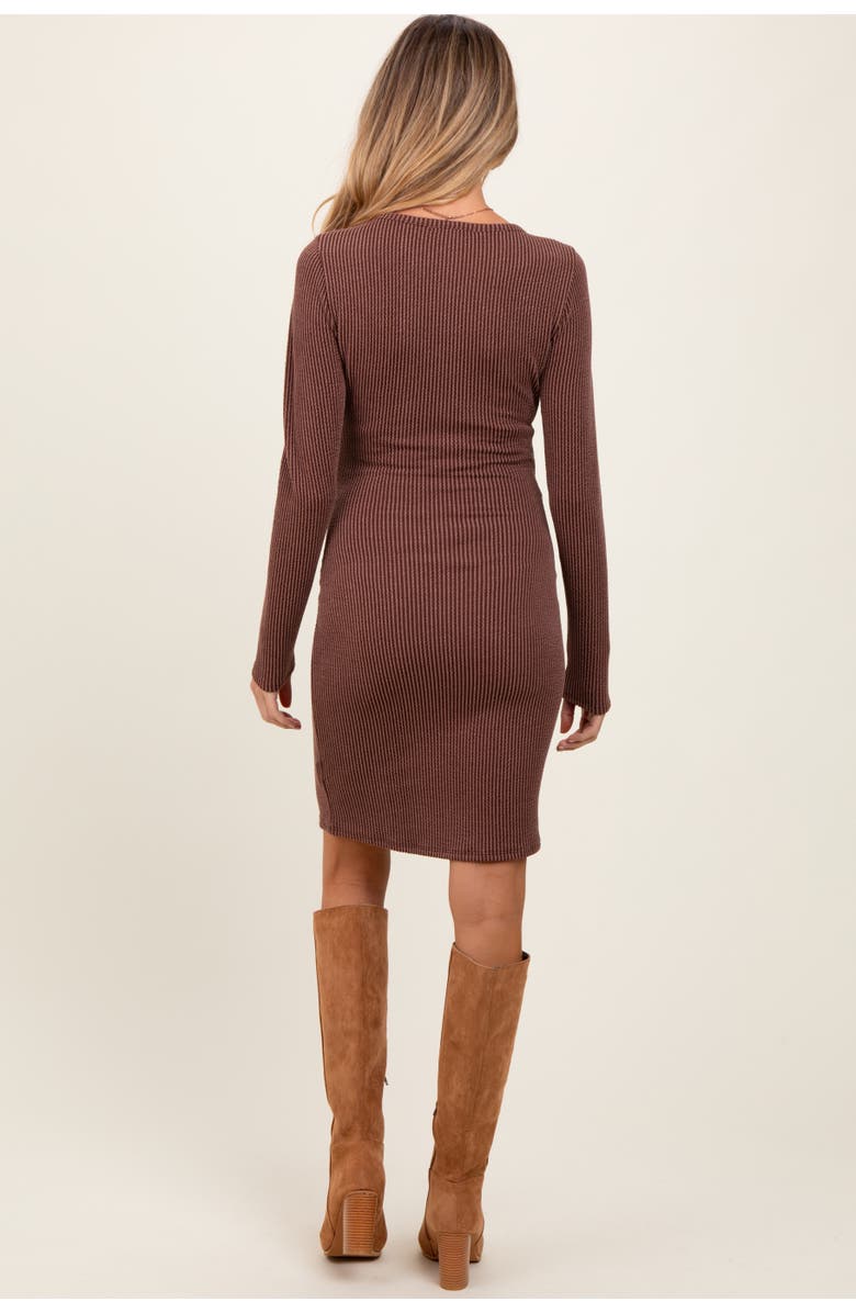 PinkBlush Ribbed Long Sleeve Half Button Up Fitted Dress, Alternate, color, Brown