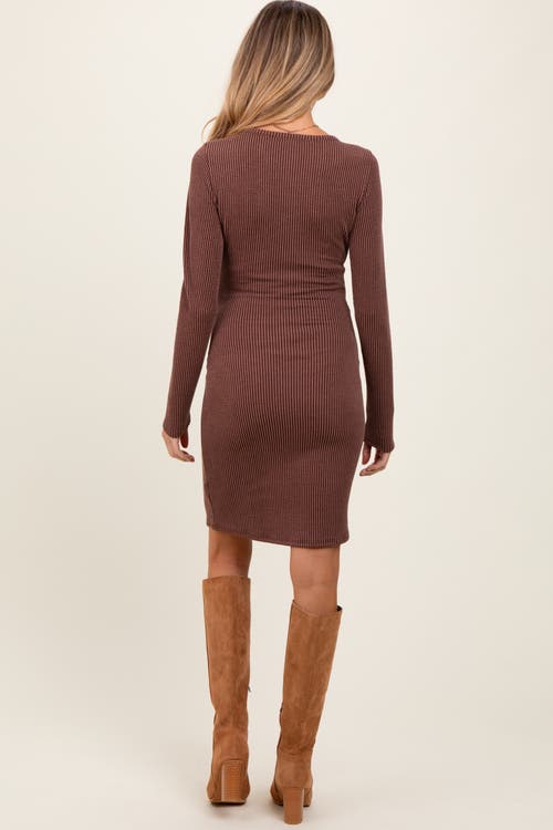 Pinkblush Ribbed Long Sleeve Half Button Up Fitted Dress In Brown