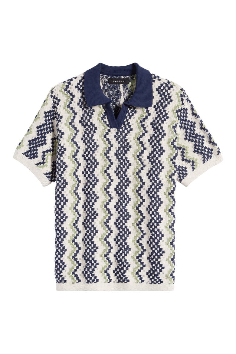 Crochet Johnny Collar Cotton Polo, Alternate, color, BLUE/ CREAM