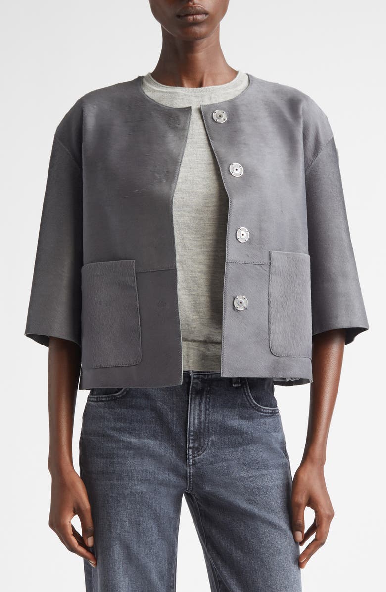 Lafayette 148 New York Patch Pocket Genuine Calf Hair Jacket, Alternate, color, Rock