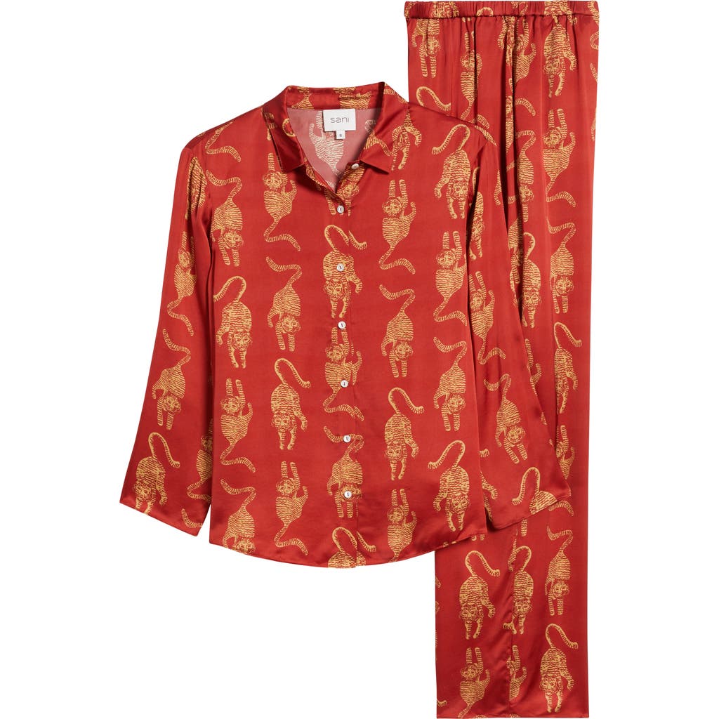 Sani Sher Tiger Print Button-up Shirt & Pants Set In Crimson Tiger