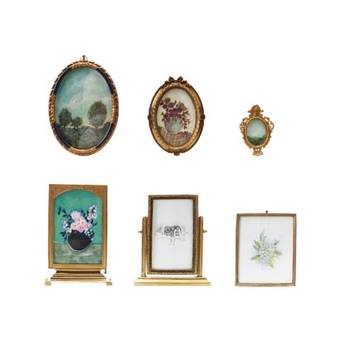 6-Piece Pewter and Glass Photo Frames with Art, Gold Finish