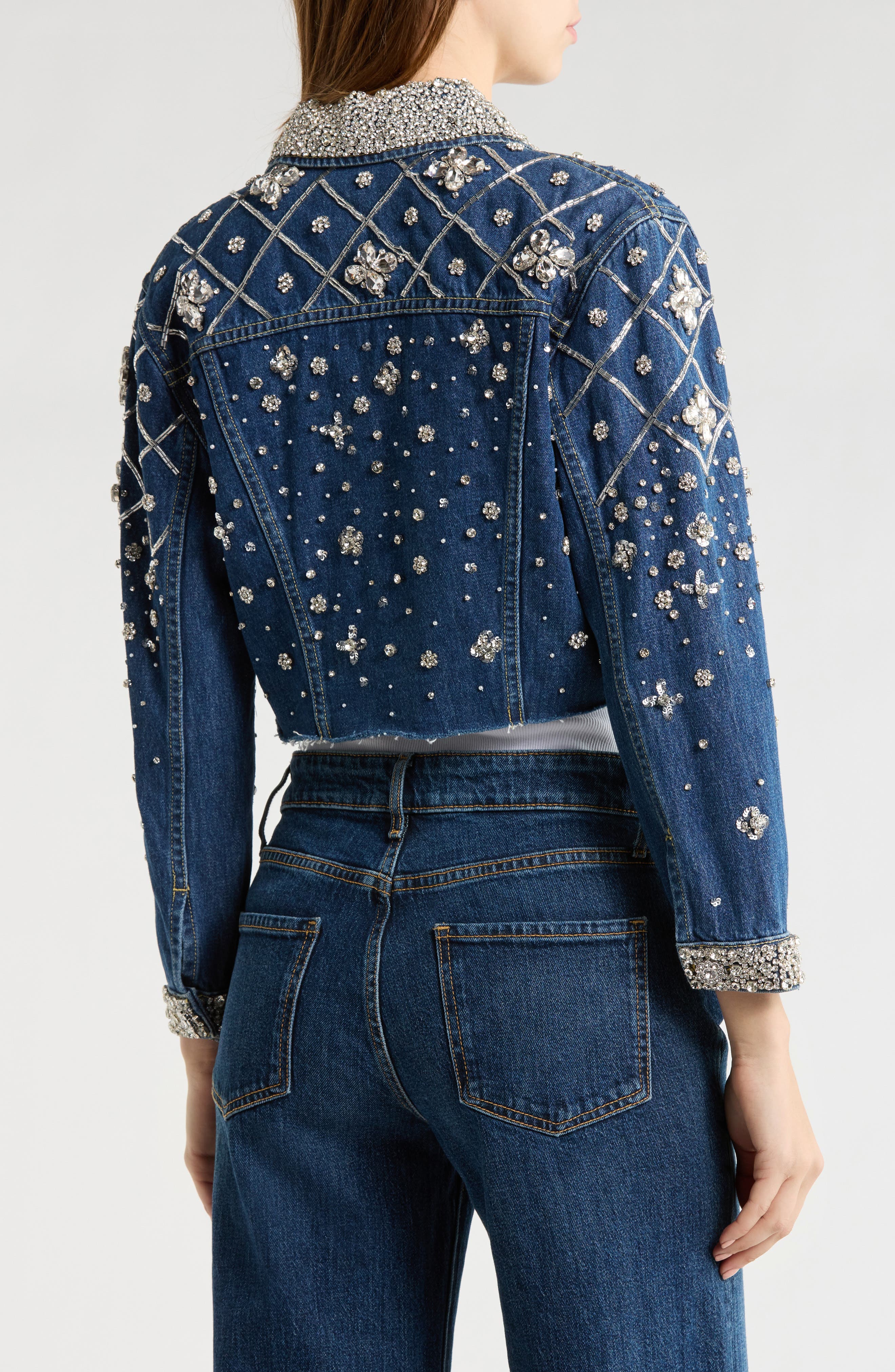 Genevie Crystal Embellished Crop Denim Jacket - image 2