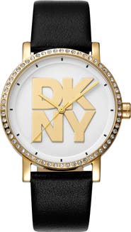 DKNY Crystal Bezel Three Hand Quartz Leather Strap Watch, 36mm