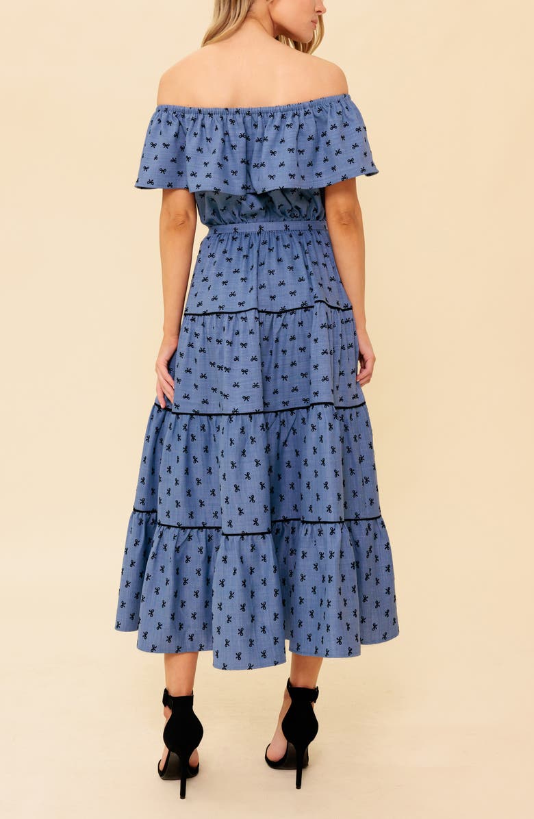 FLYING TOMATO Off the Shoulder Tiered Chambray Maxi Dress, Alternate, color, Chambray