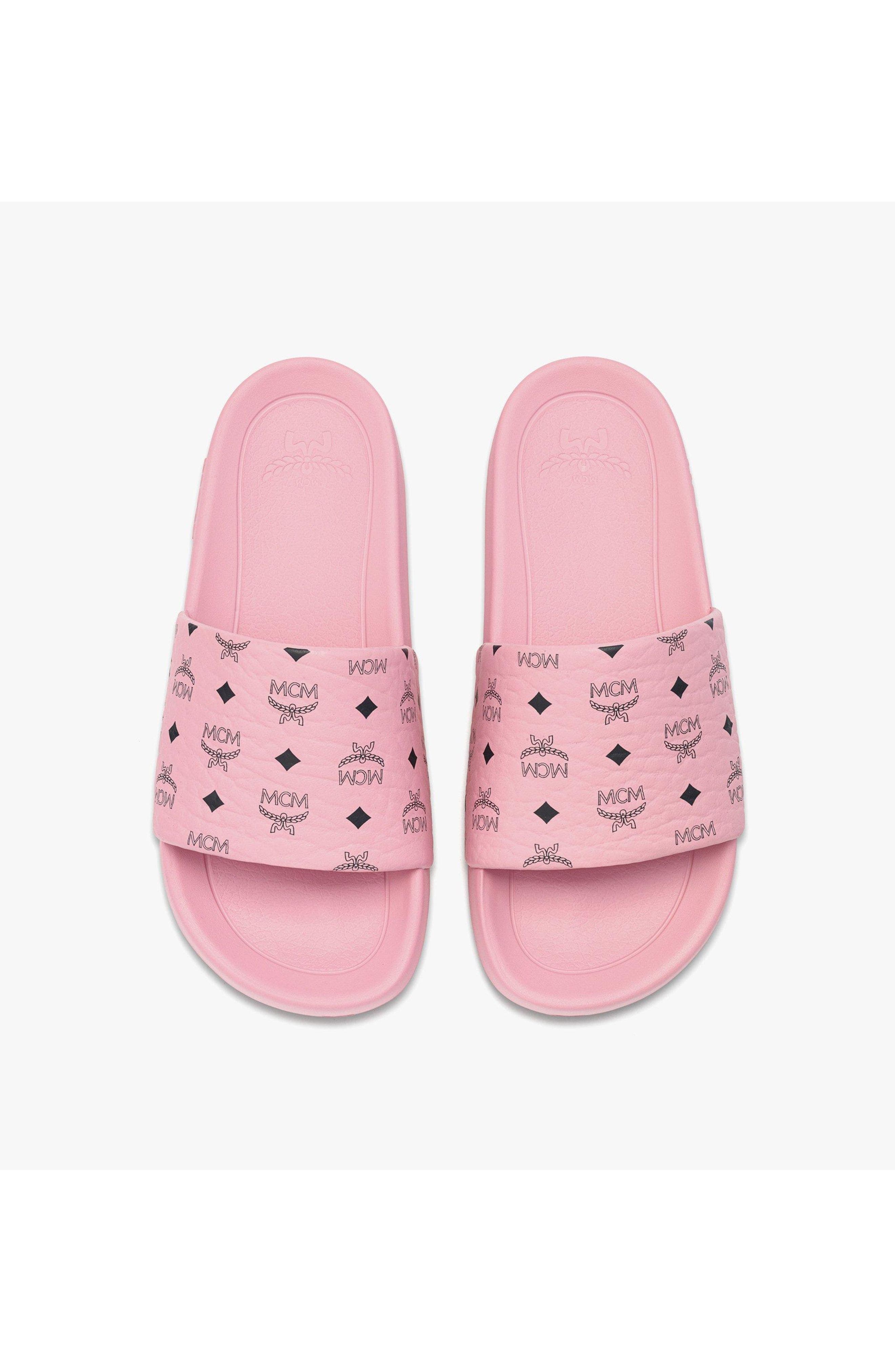MCM Women's Monogram Print Rubber Slides, Alternate, color, Soft Pink