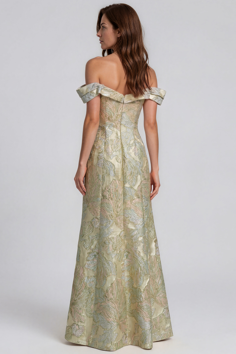 Off The Shoulder Floral Jacquard Gown, Alternate, color, Sage