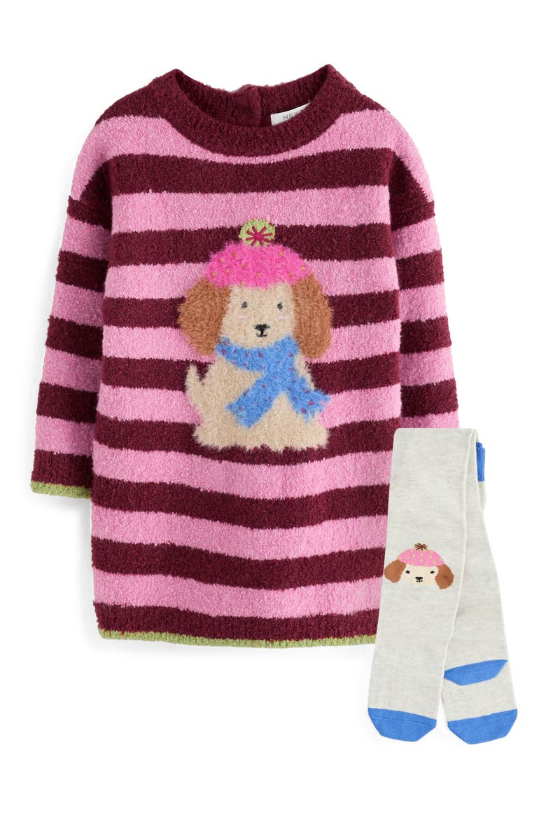 Kids' Dog Fuzzy Knit Dress & Tights Set, Main, color, PINK STRIPE