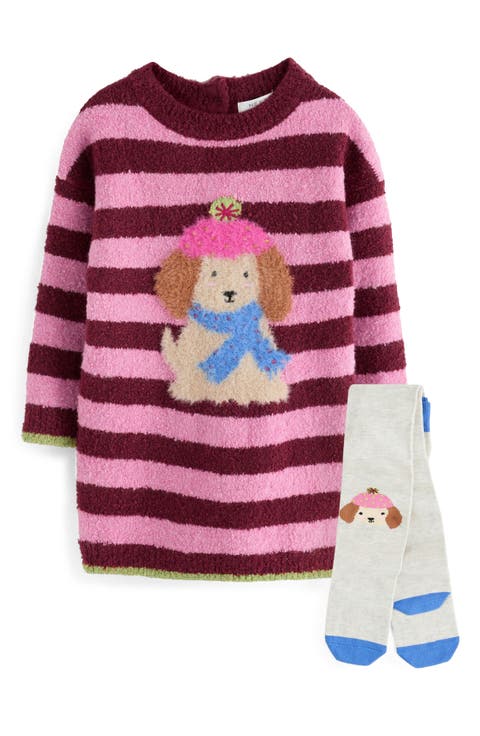 Kids' Dog Fuzzy Knit Dress & Tights Set