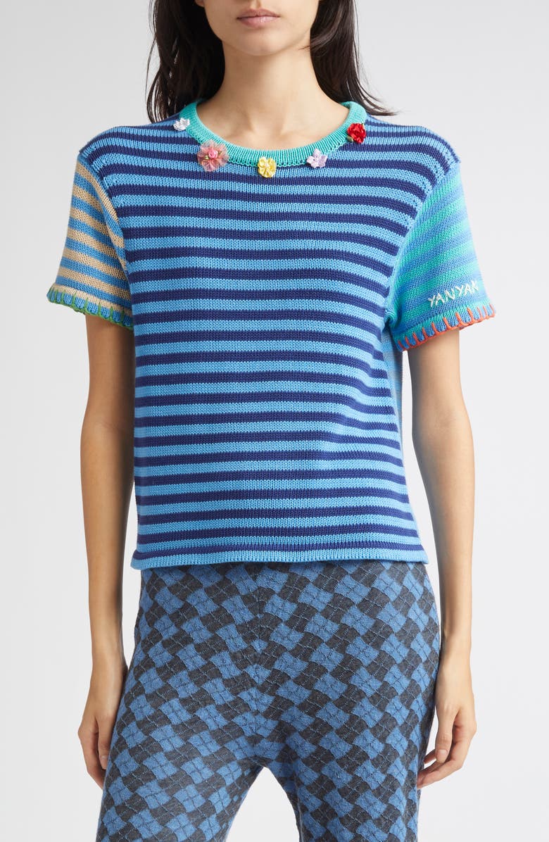 YanYan Floral Ribbon Stripe Cotton Sweater, Main, color, Blue Multi