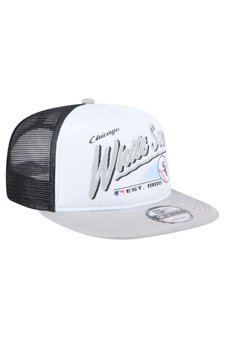 Men's New Era White/Gray Chicago White Sox Retro Script Trucker 9FIFTY Snapback Hat, Alternate, color, White