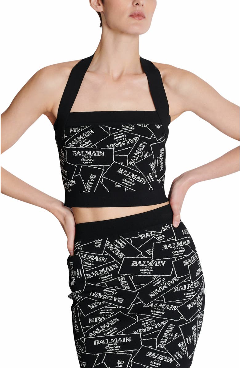 Balmain Knit Halterneck Top With Balmain Label Motif, Alternate, color, Black