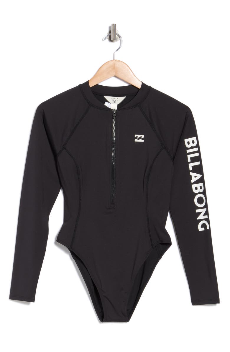 Billabong Tropic Long Sleeve One-Piece Rashguard Swimsuit, Alternate, color, Black Pebble