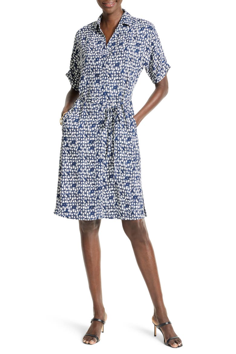 Devon Etched Angles Belted Dress, Main, color, INDIGO MULTI
