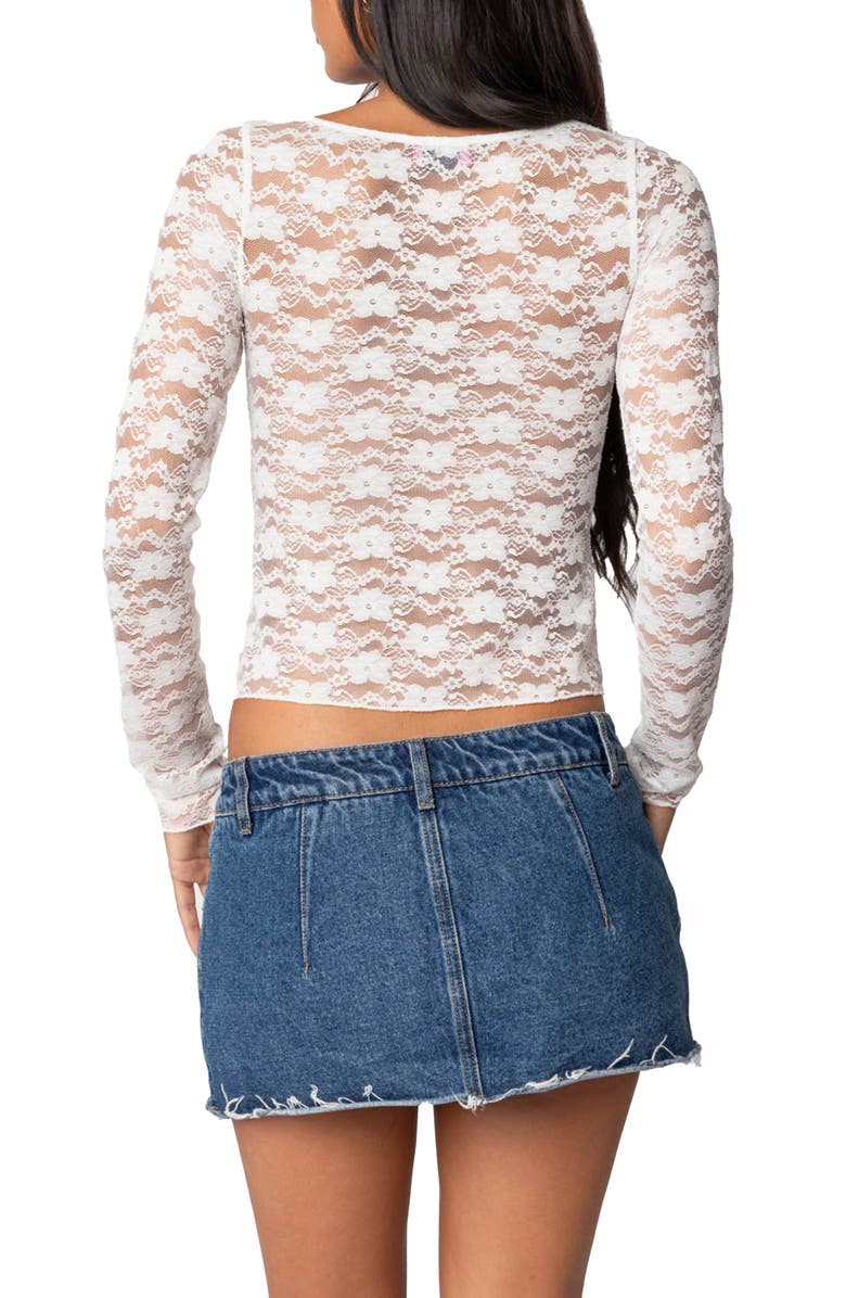 EDIKTED Mykonos Sheer Lace Crop Top, Alternate, color, White