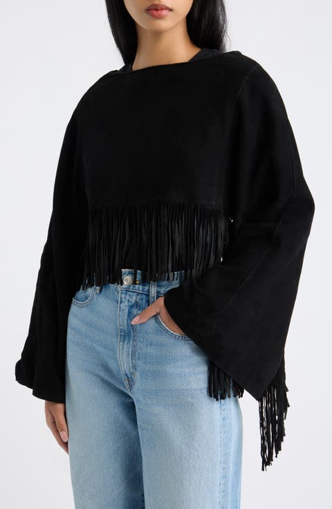 Paige Fringe Detail Suede Poncho