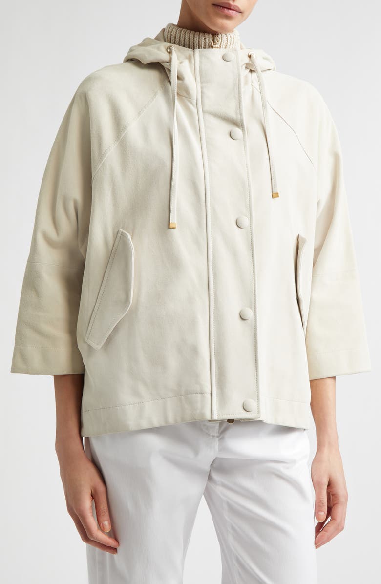 Eleventy Oversize Hooded Lambskin Suede Jacket, Alternate, color, Ivory