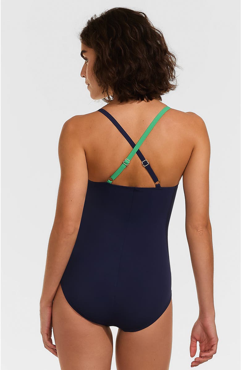 Lands' End D-Cup Slender Suit Pleated X-back One Piece Swimsuit, Alternate, color, Green/Navy