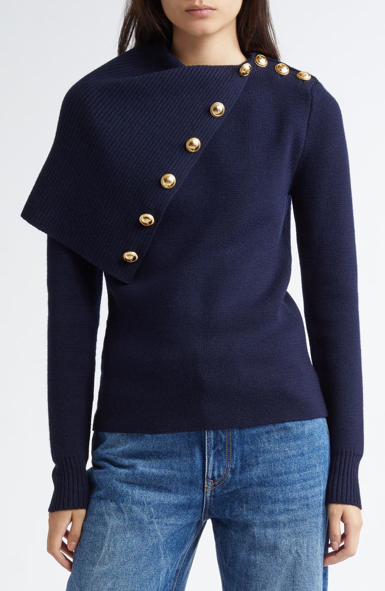 Rabanne Drape Shoulder Merino Wool Sweater, Main, color, Navy