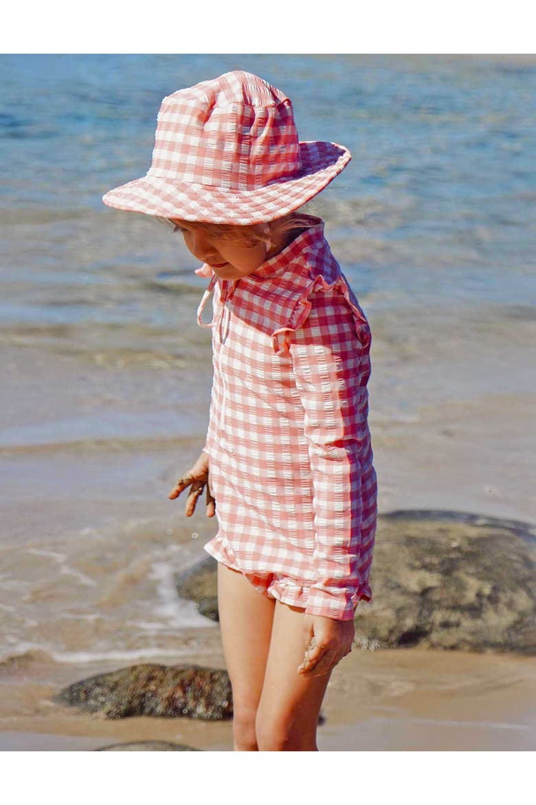 Printed Frilly Longsleeve Swimsuit, Alternate, color, Pomegranate Gingham