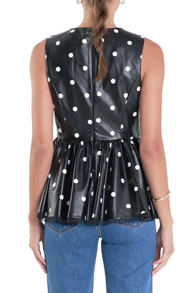 Polka Dot Peplum Sleeveless Faux Leather Top, Alternate, color, BLACK/WHITE