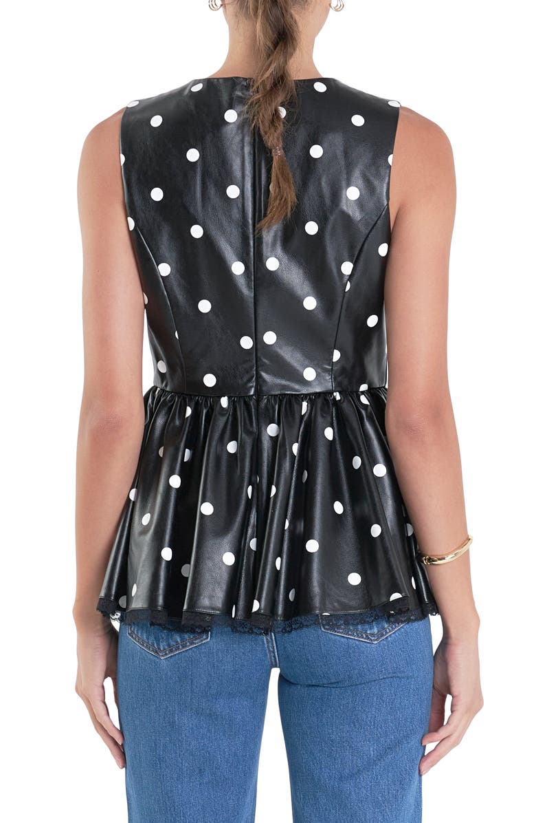 English Factory Polka Dot Peplum Sleeveless Faux Leather Top, Alternate, color, Black/ White