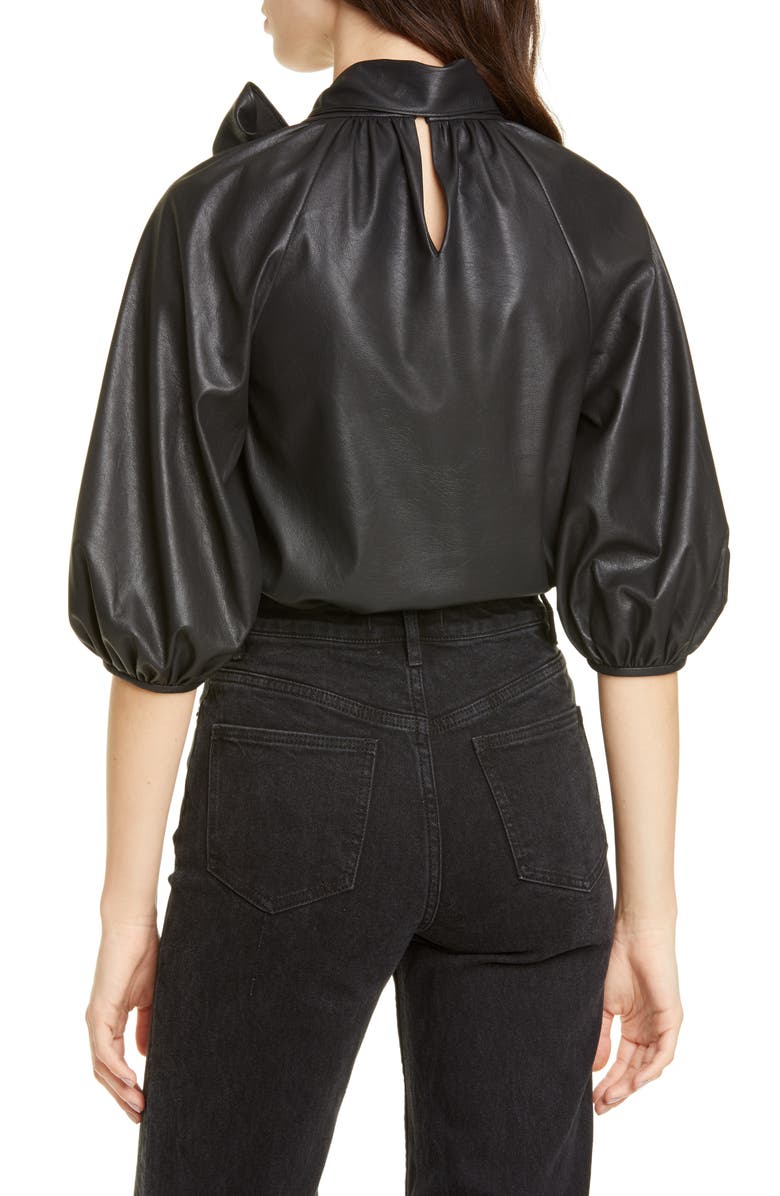 Rebecca Taylor Tie Neck Faux Leather Top, Alternate, color,