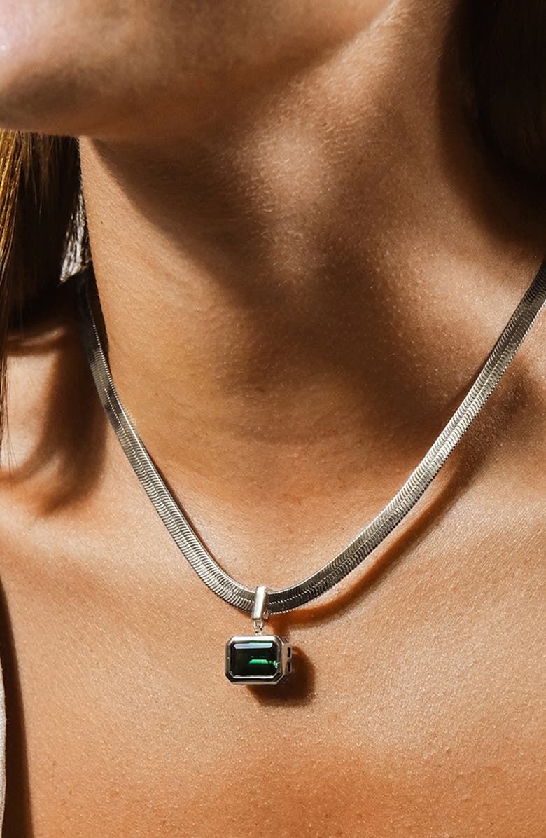 Sterling Forever Calder Cubic Zirconia Pendant Herringbone Chain Necklace, Alternate, color, Silver