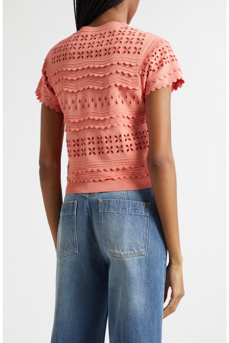 Abriana Eyelet Scallop Trim Cardigan, Alternate, color, CORAL PEONY