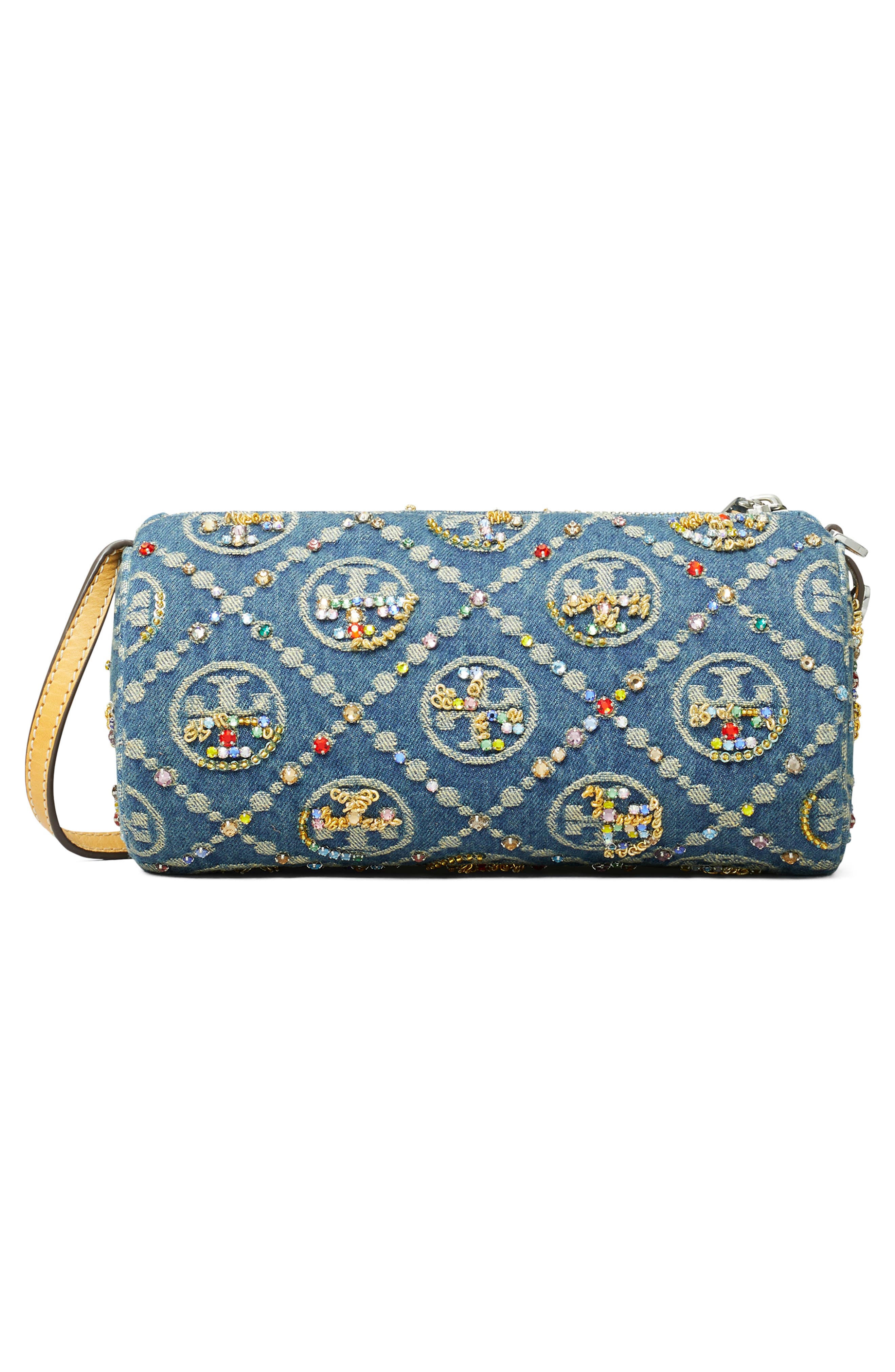 Tory Burch T Monogram Embellished Denim Cylinder Shoulder Bag, Alternate, color, 