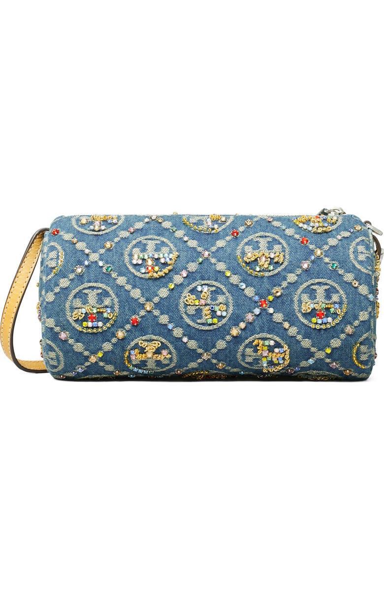 Tory Burch T Monogram Embellished Denim Cylinder Shoulder Bag, Alternate, color,