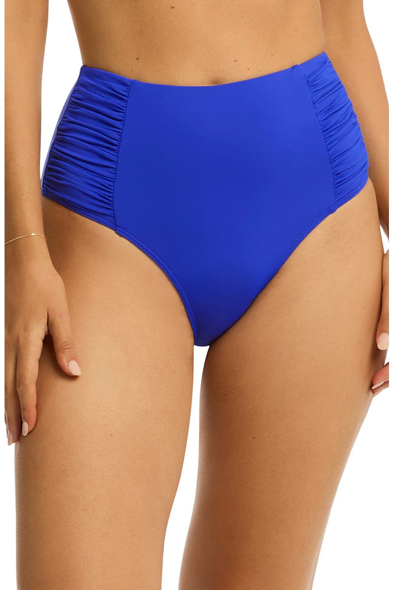 High Waist Gathered Side Swim Bottoms, Main, color, COBALT