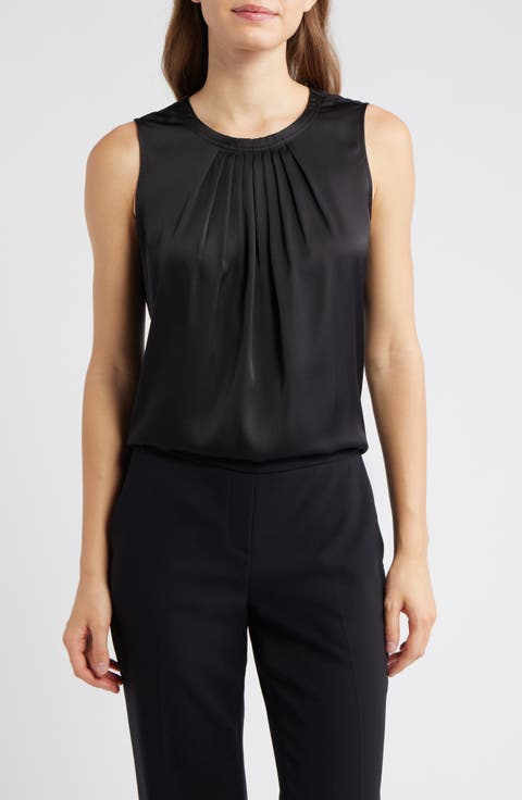 Pleated Jewel Neck Sleeveless Top
