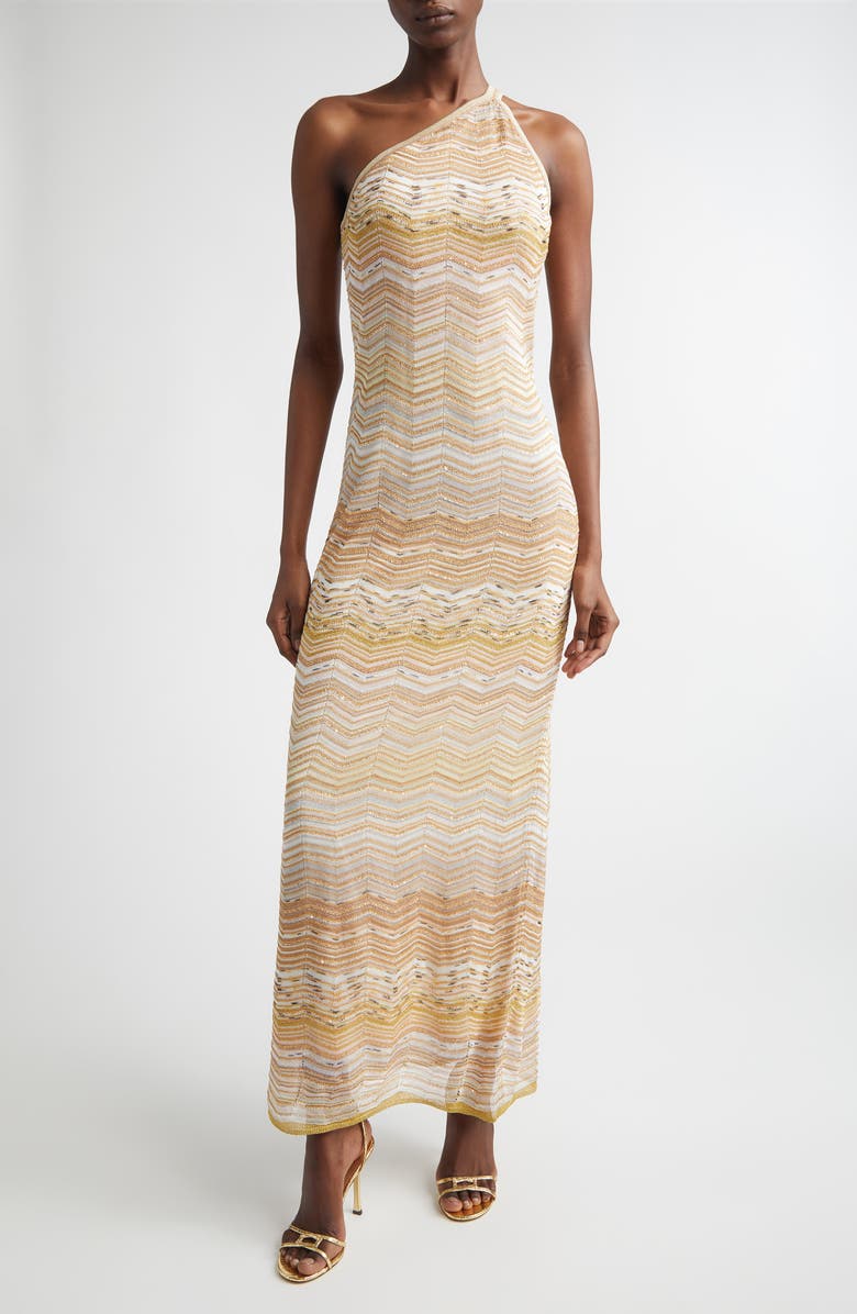 Missoni Zigzag One-Shoulder Column Gown, Alternate, color, Light Gold Tones