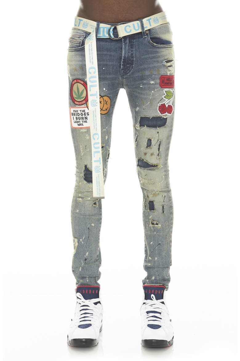 Punk Belted Distressed Super Skinny Jeans, Main, color, PRIMO