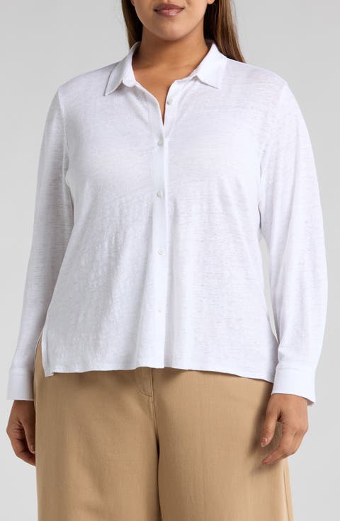 Classic Collar Organic Linen Button-Up Shirt (Plus)