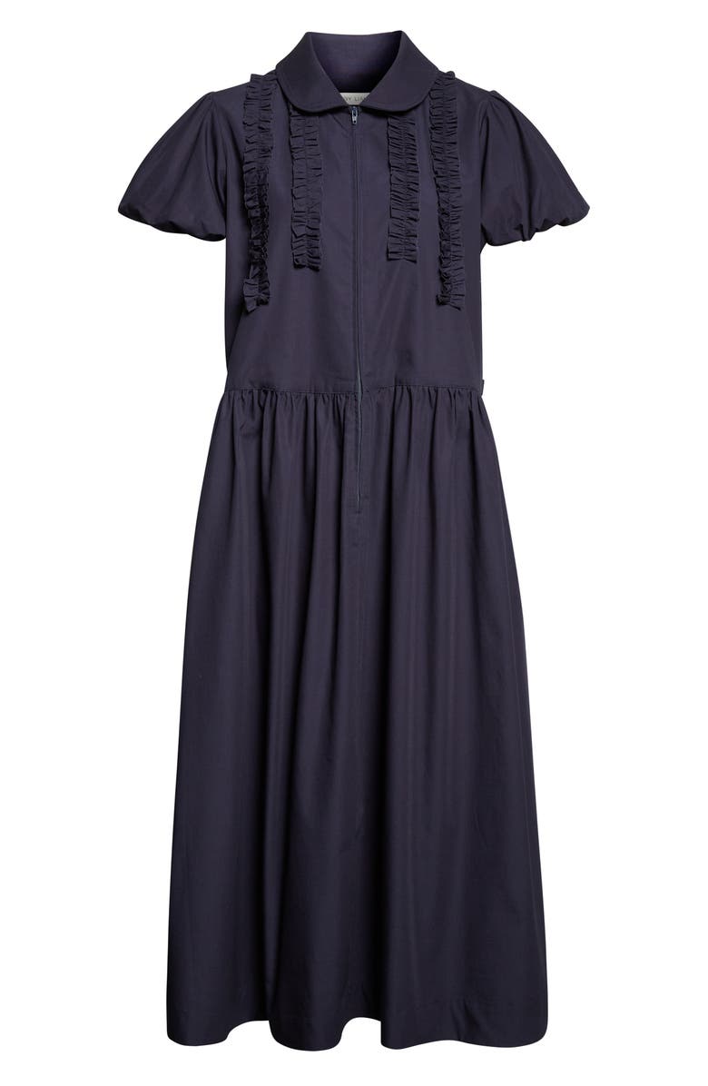 Sandy Liang Ensemble Ruffle Cotton Poplin Midi Dress, Main, color, Navy