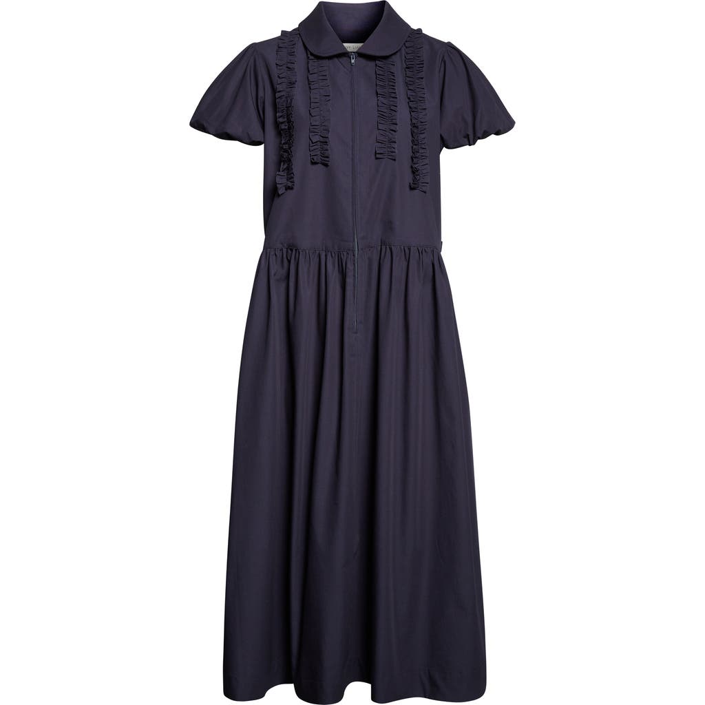 Sandy Liang Ensemble Ruffle Cotton Poplin Midi Dress In Blue