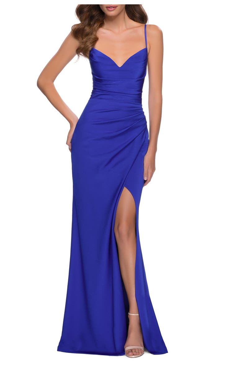 La Femme Ruched Jersey Gown with Intricate Lace Up Back, Main, color, Royal Blue