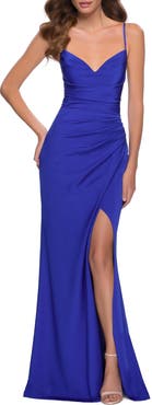 La Femme Ruched Jersey Gown with Intricate Lace Up Back