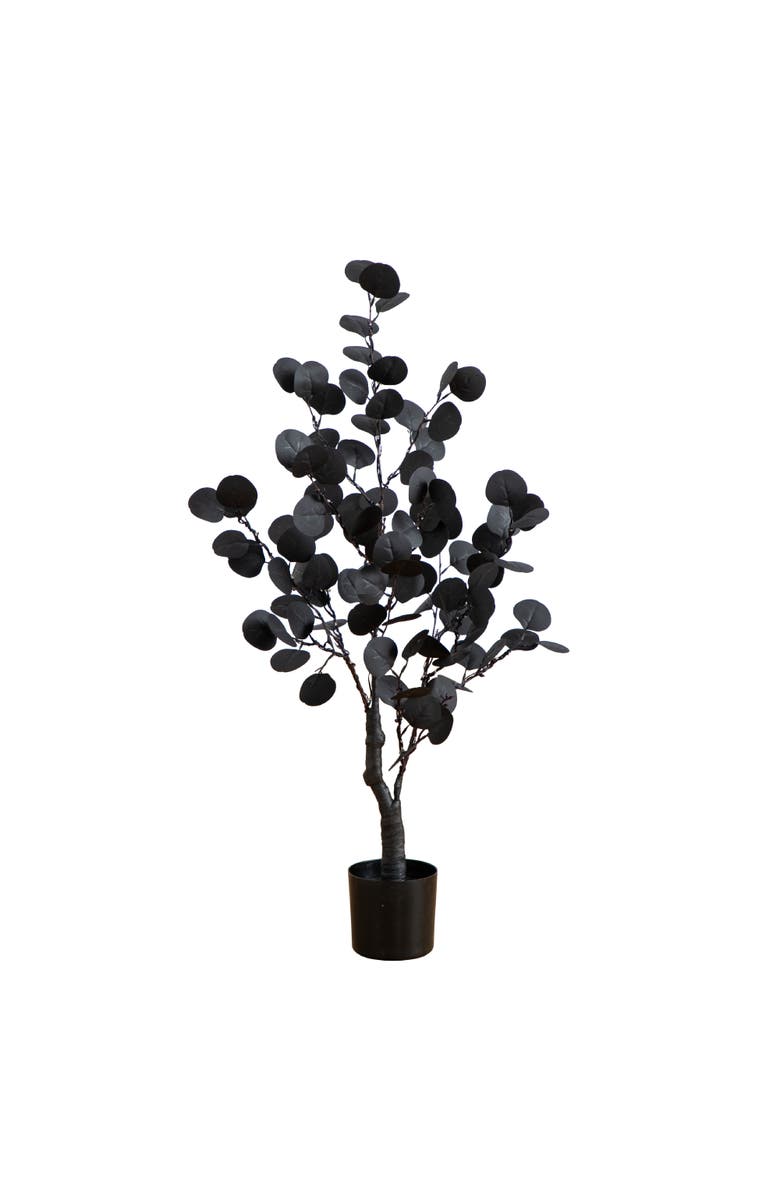 NEARLY NATURAL 3-ft Pre-Lit Artificial Halloween Black Eucalyptus Tree with 80 Orange & Purple LED Lights, Main, color, Black