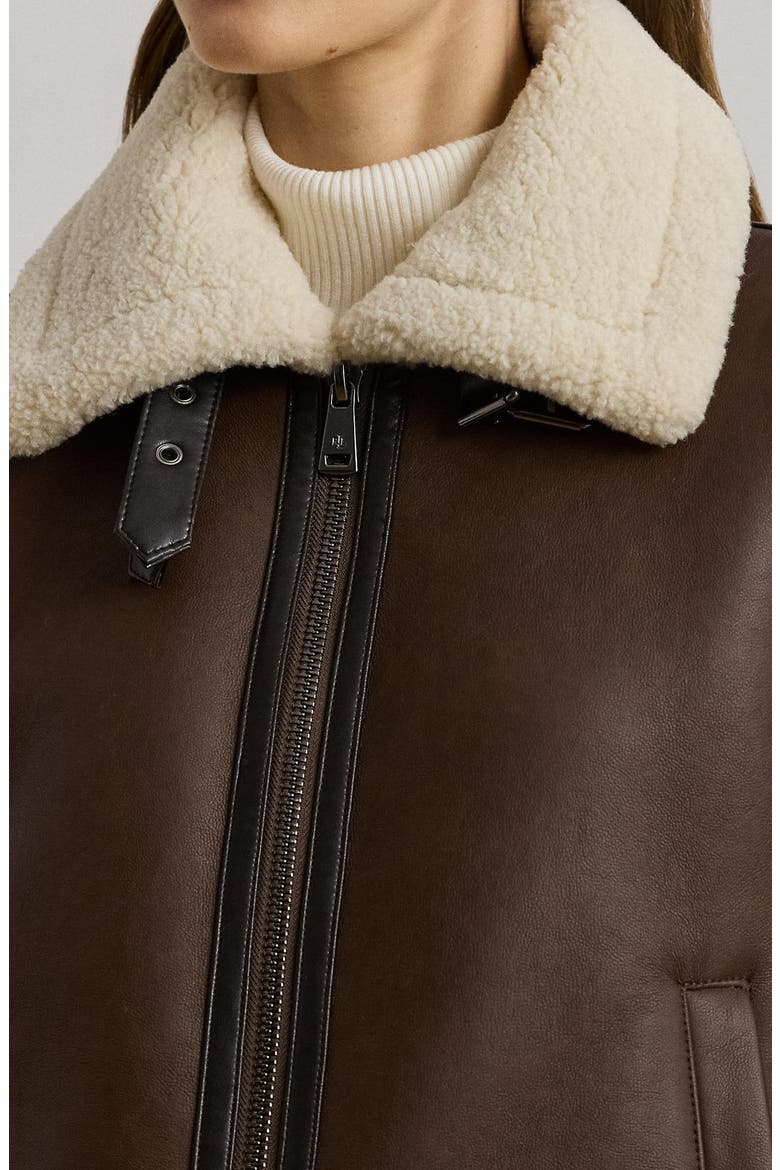 Faux Leather Jacket with Faux Shearling Trim, Alternate, color, DK CUOIO