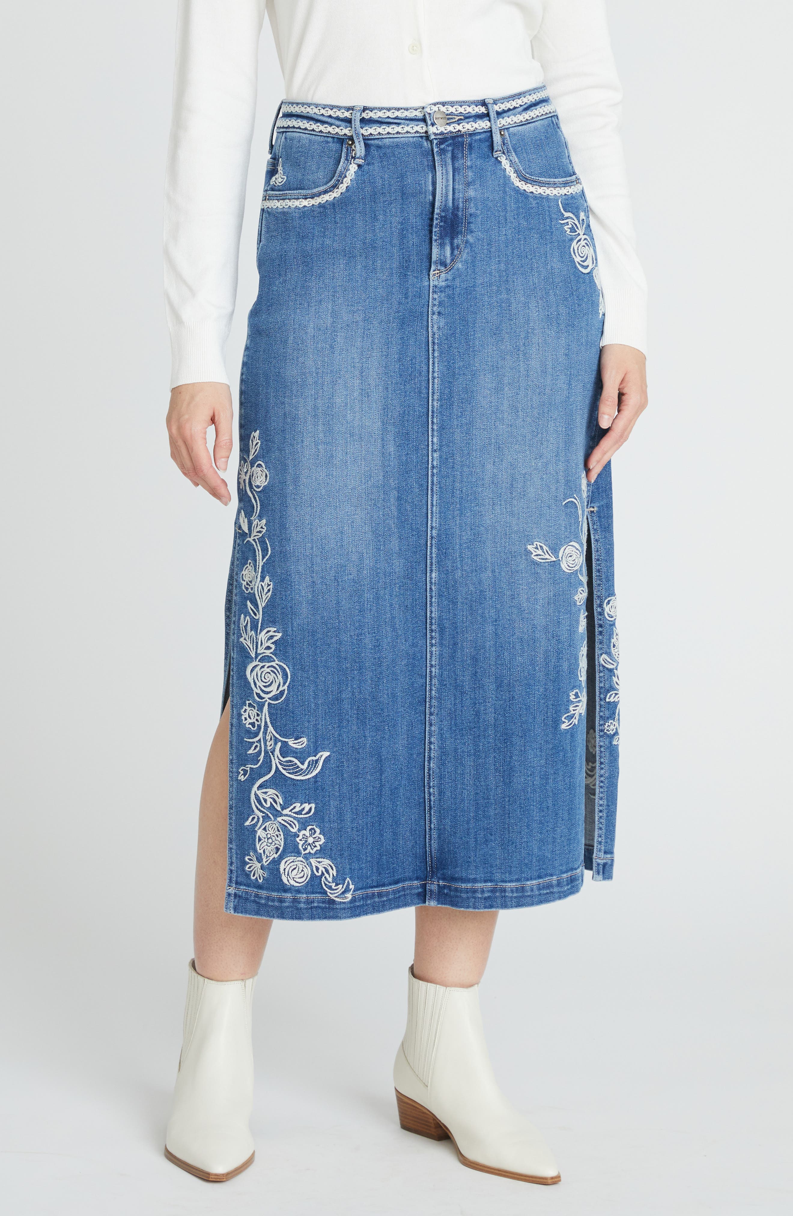 Driftwood Svetlana Ravishing Rosettes Denim Midi Skirt