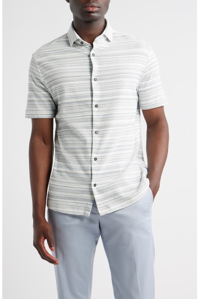 Pinstripe French Terry Short Sleeve Button-Up Shirt, Main, color, LIGHT BLUE