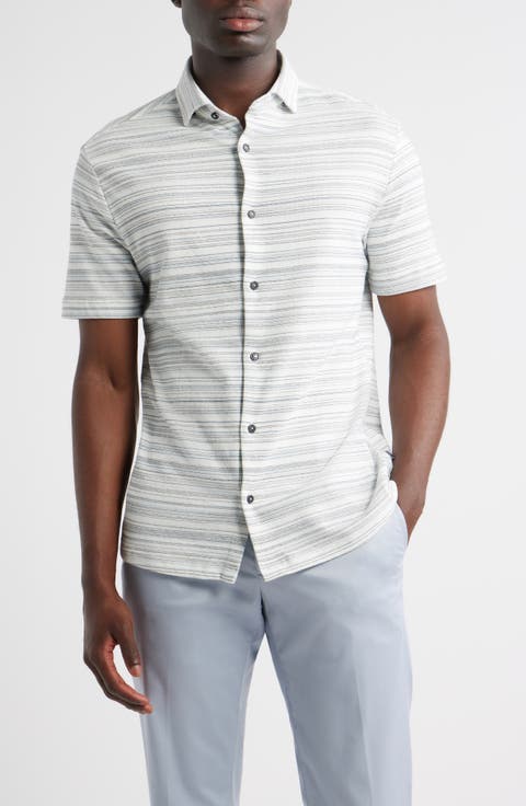 Pinstripe French Terry Short Sleeve Button-Up Shirt