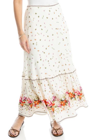 Max Studio Floral Flounce Hem Cotton Blend Maxi Skirt In White