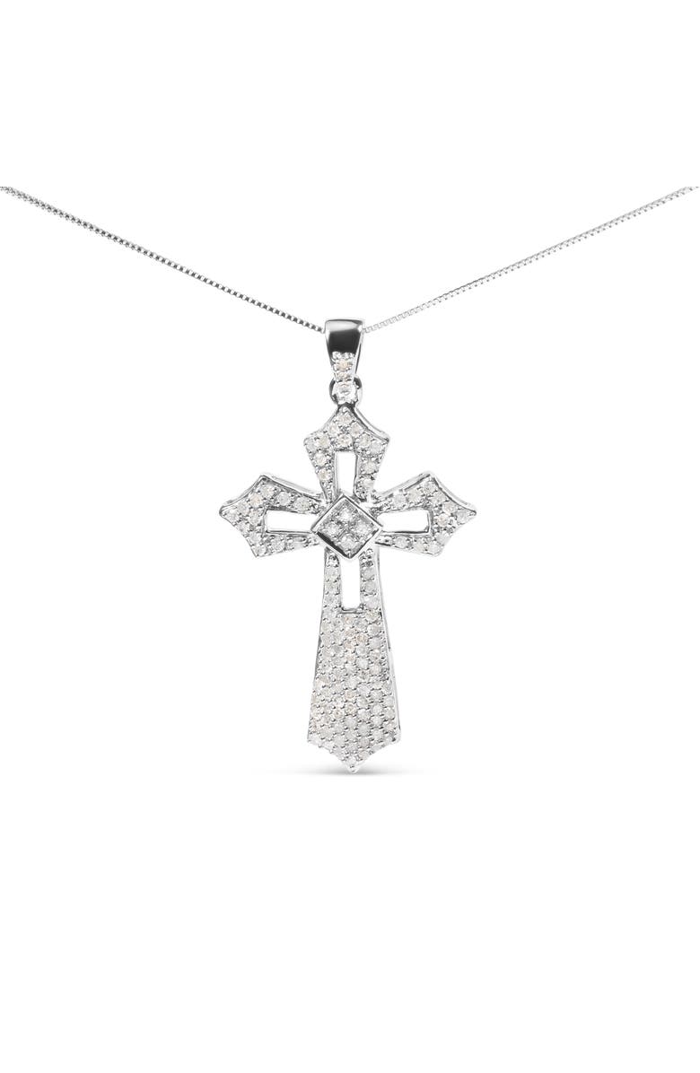 Haus of Brilliance Silver 1.00 Cttw Diamond Fleur De Lis Cross 18" Pendant Necklace, Main, color, White