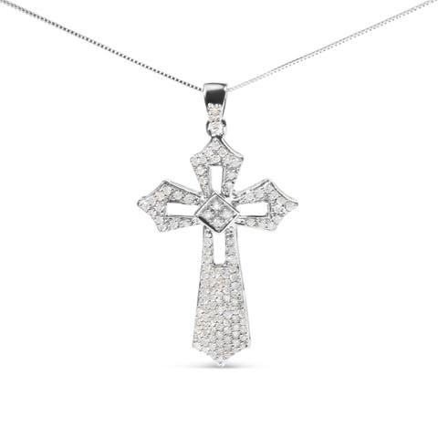 Silver 1.00 Cttw Diamond Fleur De Lis Cross 18" Pendant Necklace