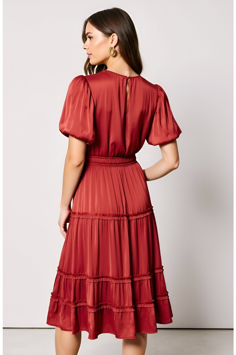 Tiered Puff-Sleeve Shirred Elastic-Waistband Midi Dress, Alternate, color, Rust Red